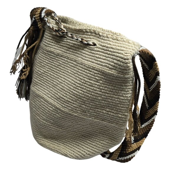 Handwoven Beige Crossbody Bag With Chevron Strap & Tassels lagenlook boho - Picture 2 of 7